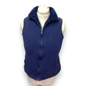 Coldwater Creek Womens Quilted Vest Faux Fur Collar Navy Blue Size L
